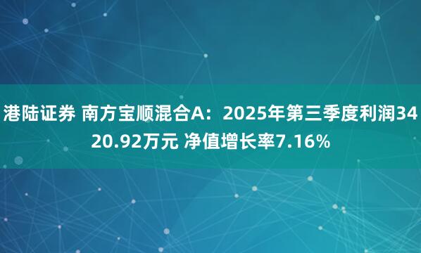 港陆证券 南方宝顺混合A：2025年第三季度利润3420.92万元 净值增长率7.16%